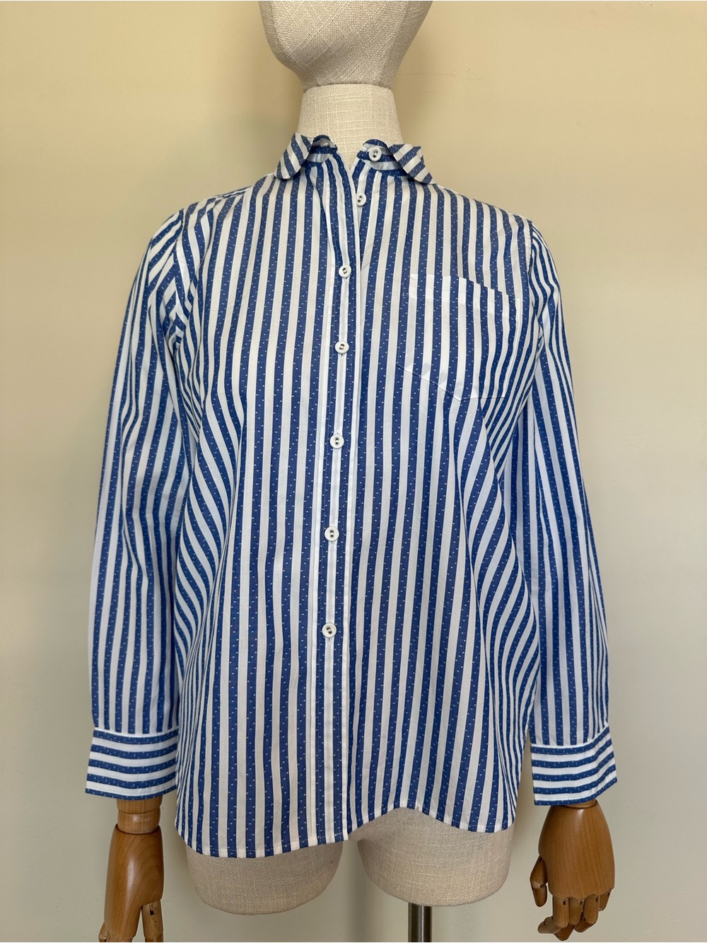 J.Crew Women’s Blue and White Vertical Stripe Button Up Club Collar Cotton Shirt